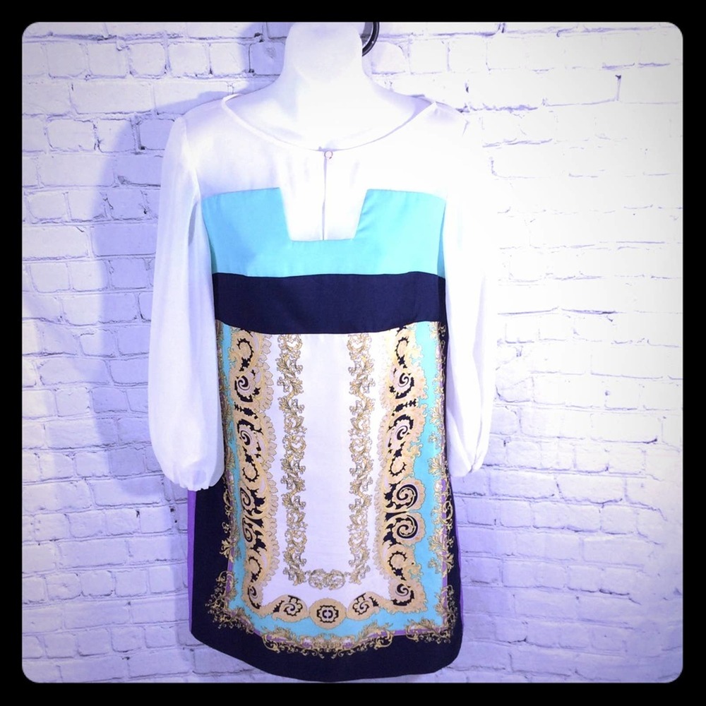 DM donna morgan designer luxury summer mini dress light long sleeve 4 EUC